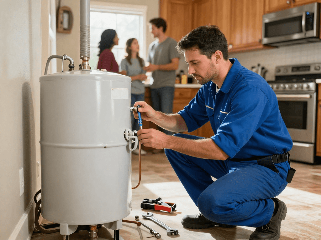 Expert water heater replacement Fort Worth service showcasing a plumber diagnosing installations in a cozy home.