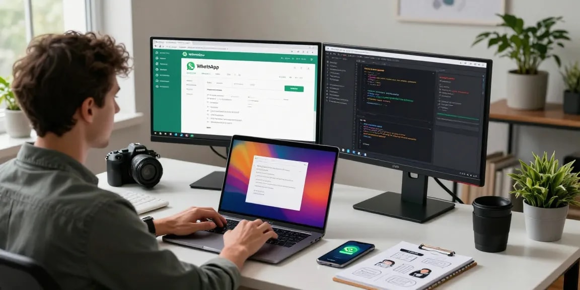 Professional workspace featuring WhatsApp網頁版 interface on dual monitors and innovative tech elements.