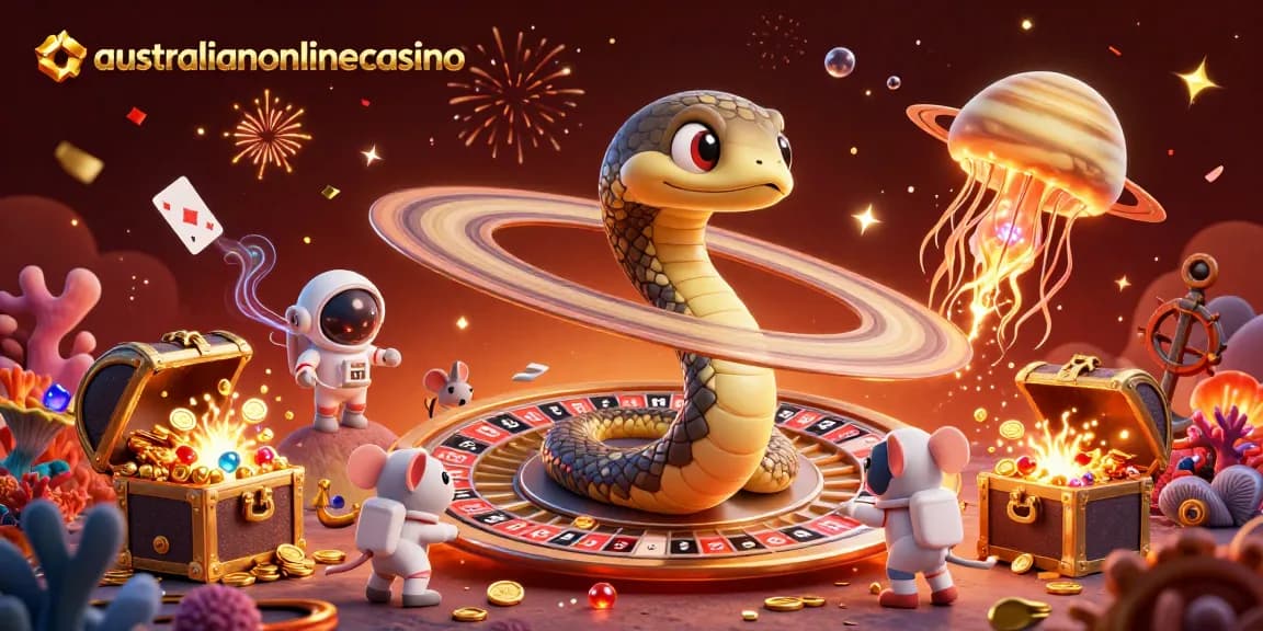 Engage in thrilling games at australianonlinecasino with vibrant 3D cosmic casino scene.