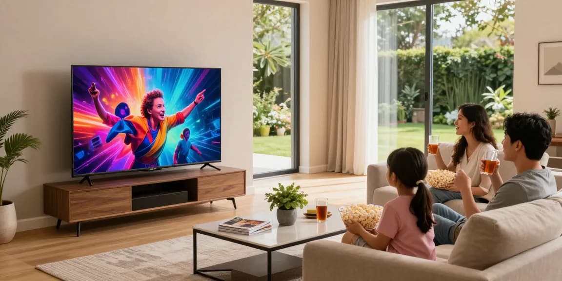 family enjoying movie night with mini LED TV in a stylish living room