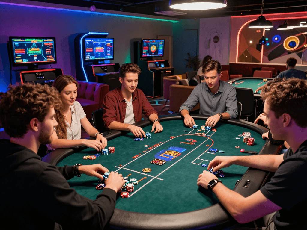 Exciting crypto casino gaming scene with friends enjoying high-tech poker.