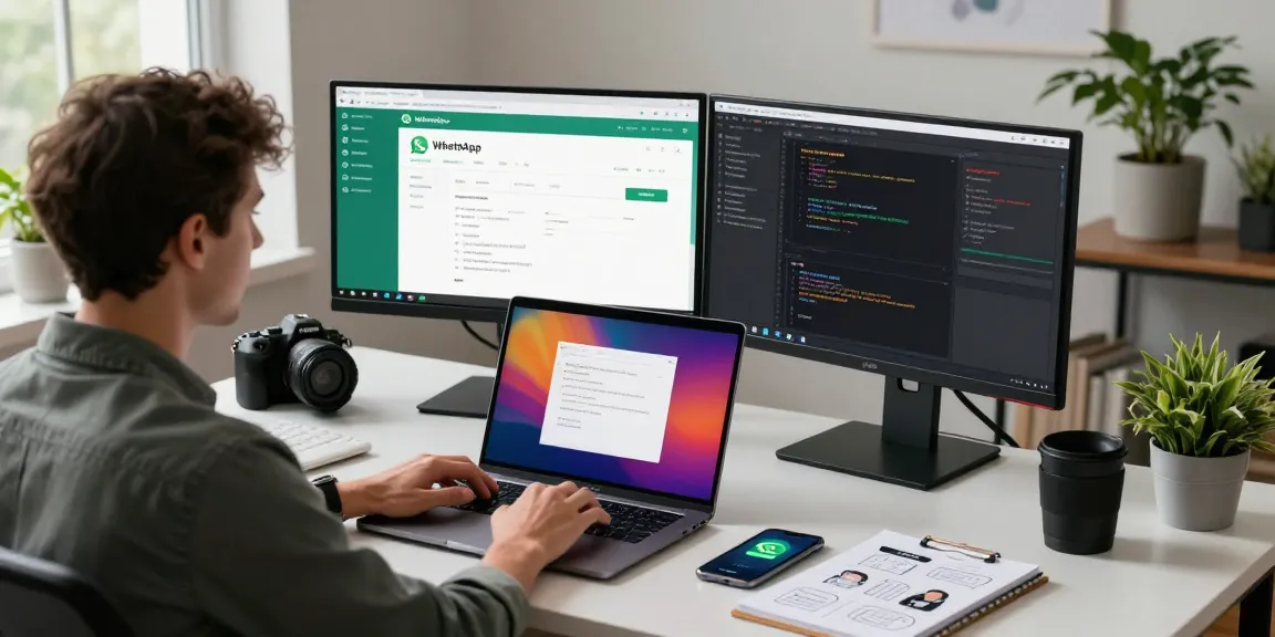 Professional workspace featuring WhatsApp網頁版 interface on dual monitors and innovative tech elements.