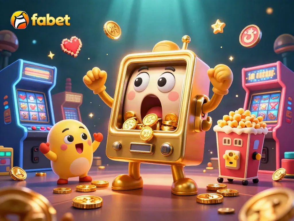 Experience fabet's excitement as the animated slot machine hits a jackpot amidst glowing game elements.