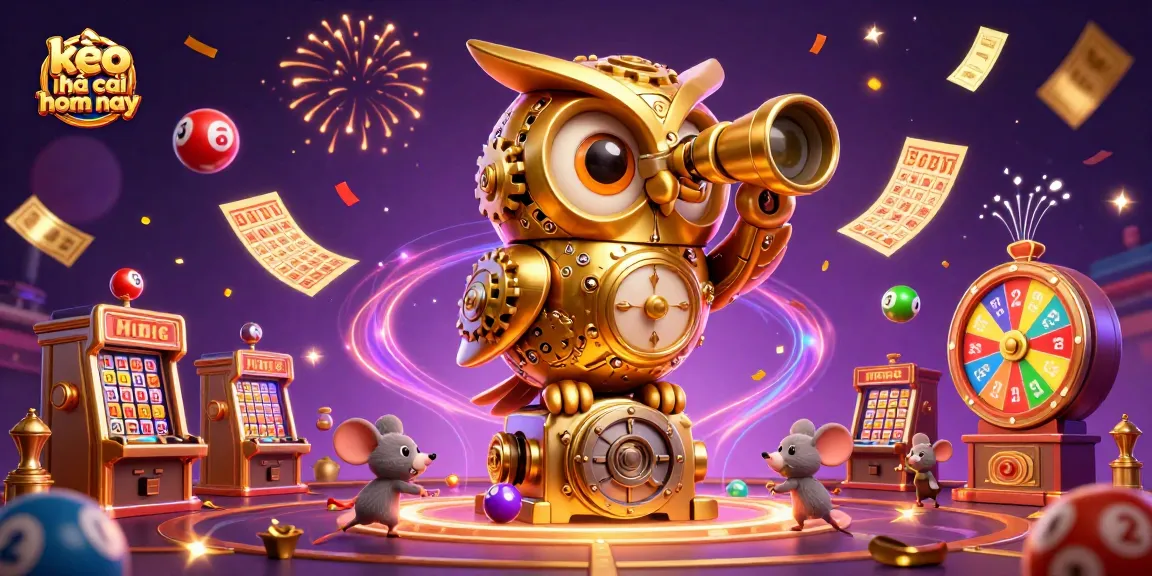 Engage in kèo nhà cái hôm nay with a vibrant casino scene featuring a golden owl and colorful slot machines.