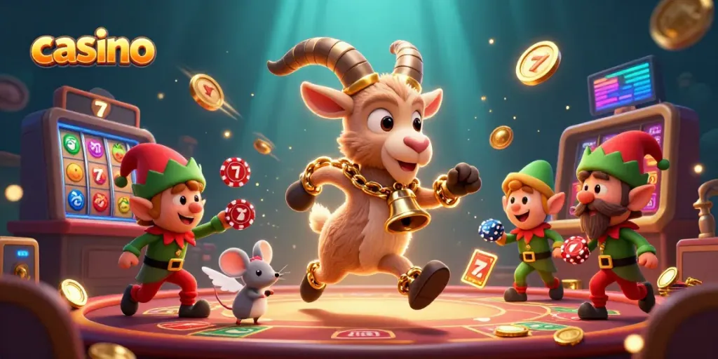 Join the festive casino action with Krampus and gremlins in this lively illustration.