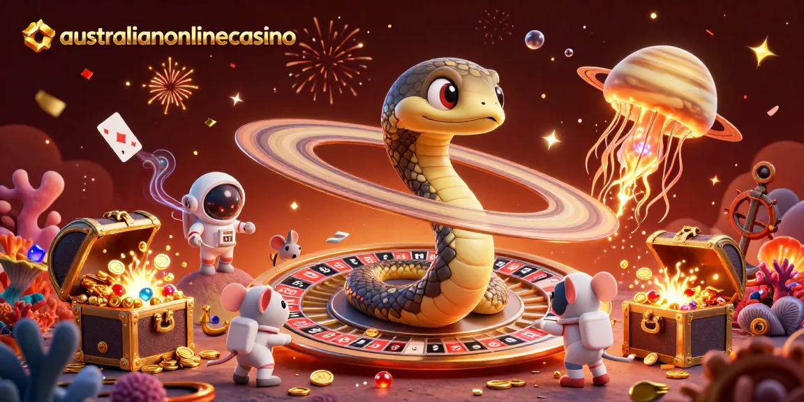 Engage in thrilling games at australianonlinecasino with vibrant 3D cosmic casino scene.