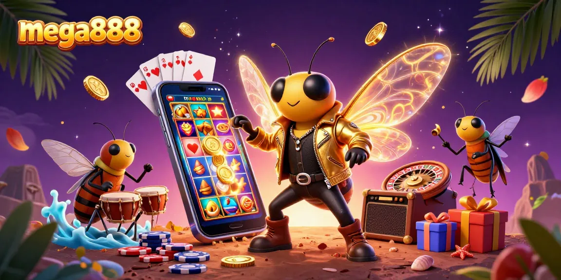 Experience the thrilling world of mega888 casino games with vibrant slot visuals and energetic rockstar characters.