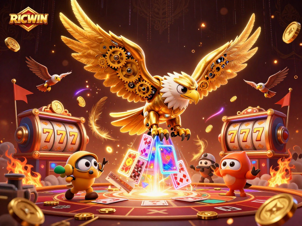 Play thrilling RICWIN slots with a cybernetic eagle in a vibrant casino scene.