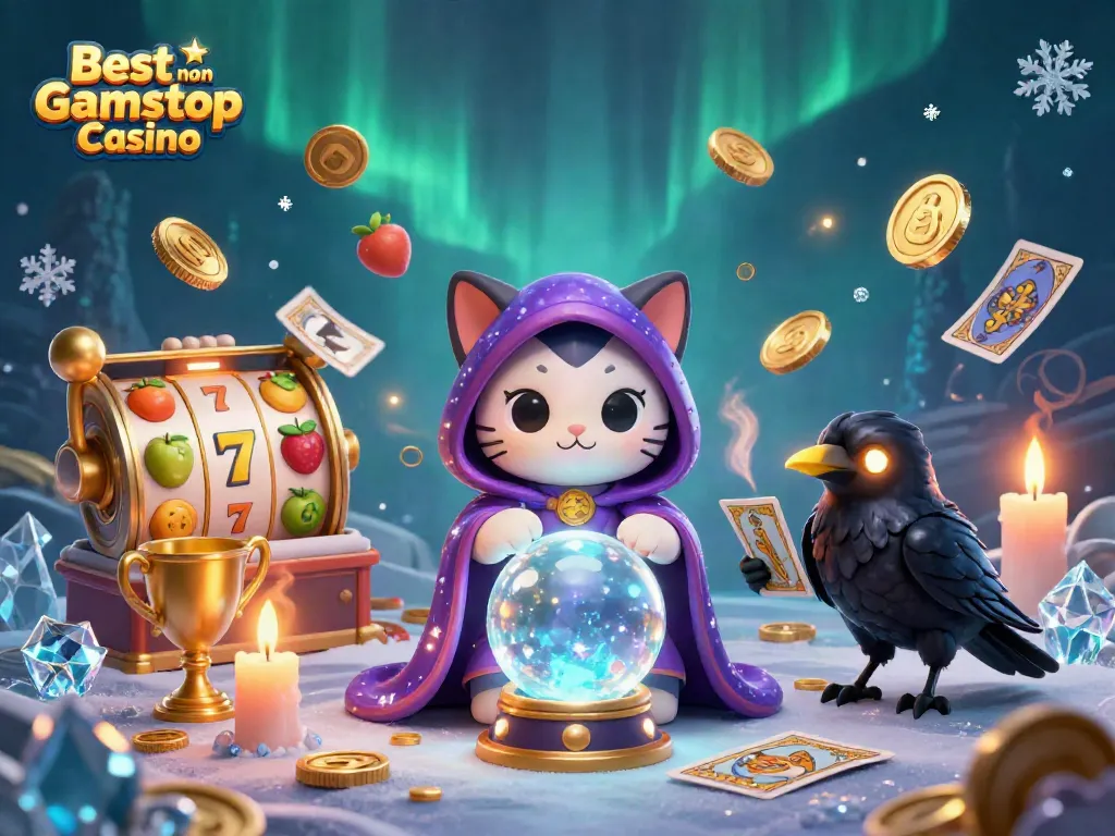 A dynamic scene showcasing the Best non Gamstop Casino theme with a fortune teller cat and magical elements amidst slot machines and gold coins.