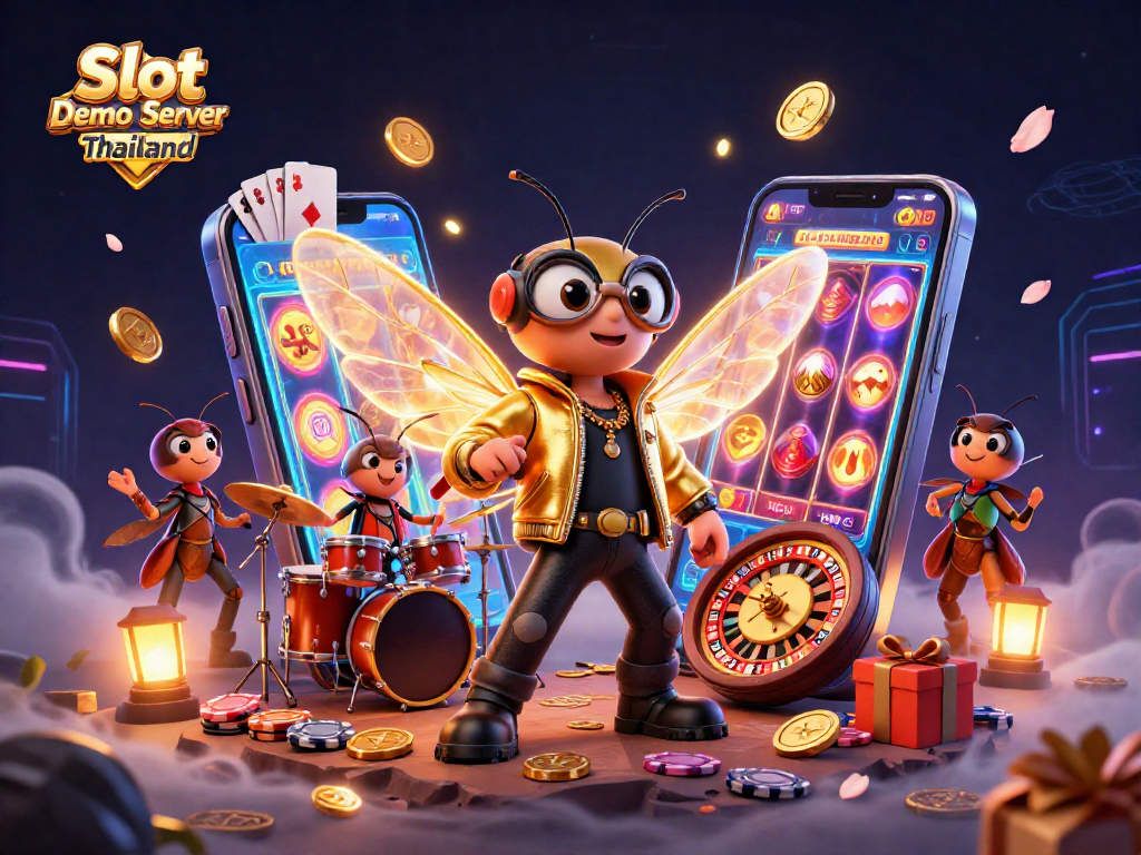 Engage with Slot Demo Server Thailand as a rock star cicada and its band celebrate wins in a vibrant casino scene.