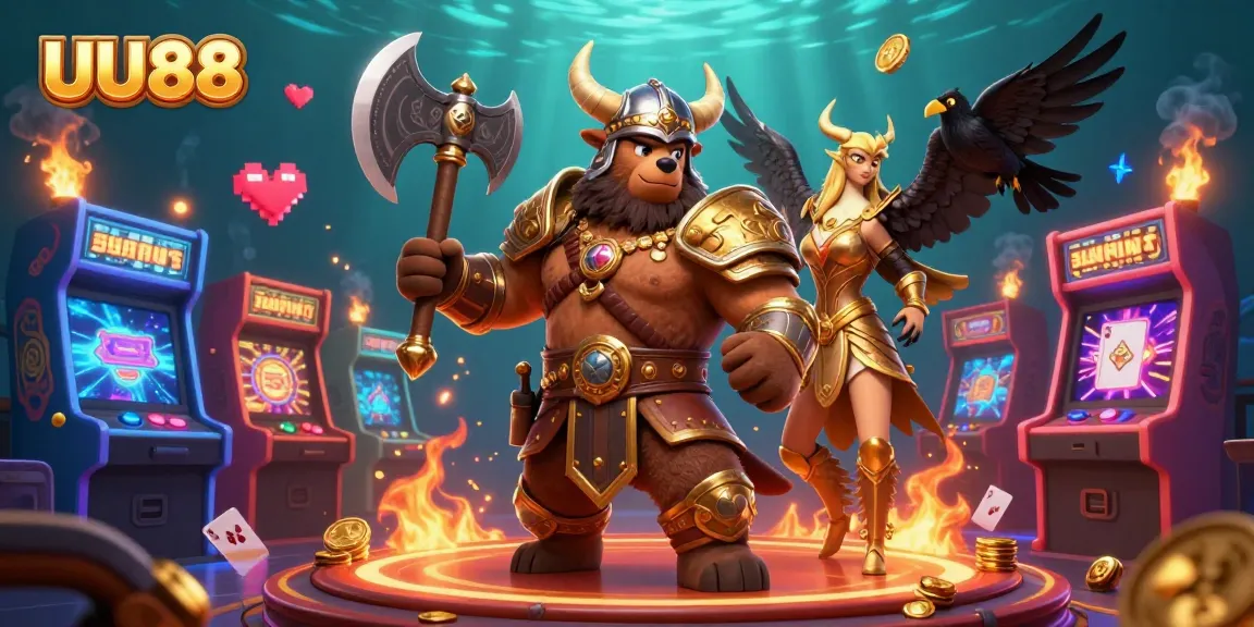 Engage in thrilling gaming at UU88, where a Viking berserker and Valkyrie eagle celebrate wins in a vibrant casino scene.