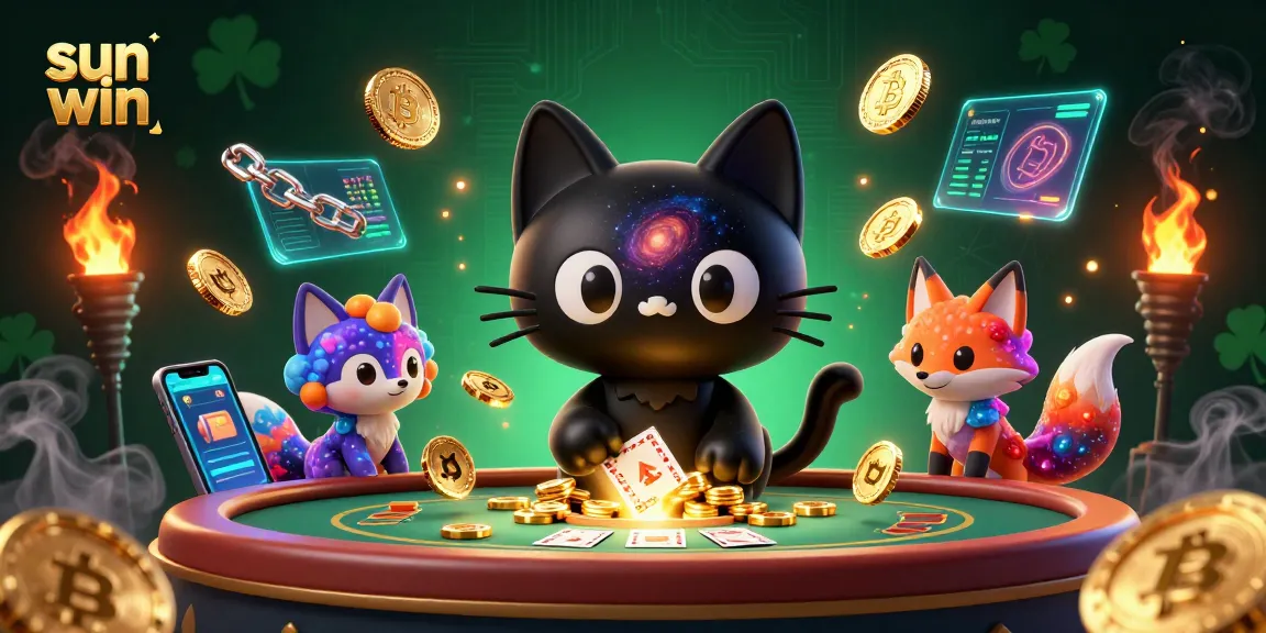 Experience sun win's excitement as a cosmic cat reels in winning cards and chips within a vibrant casino