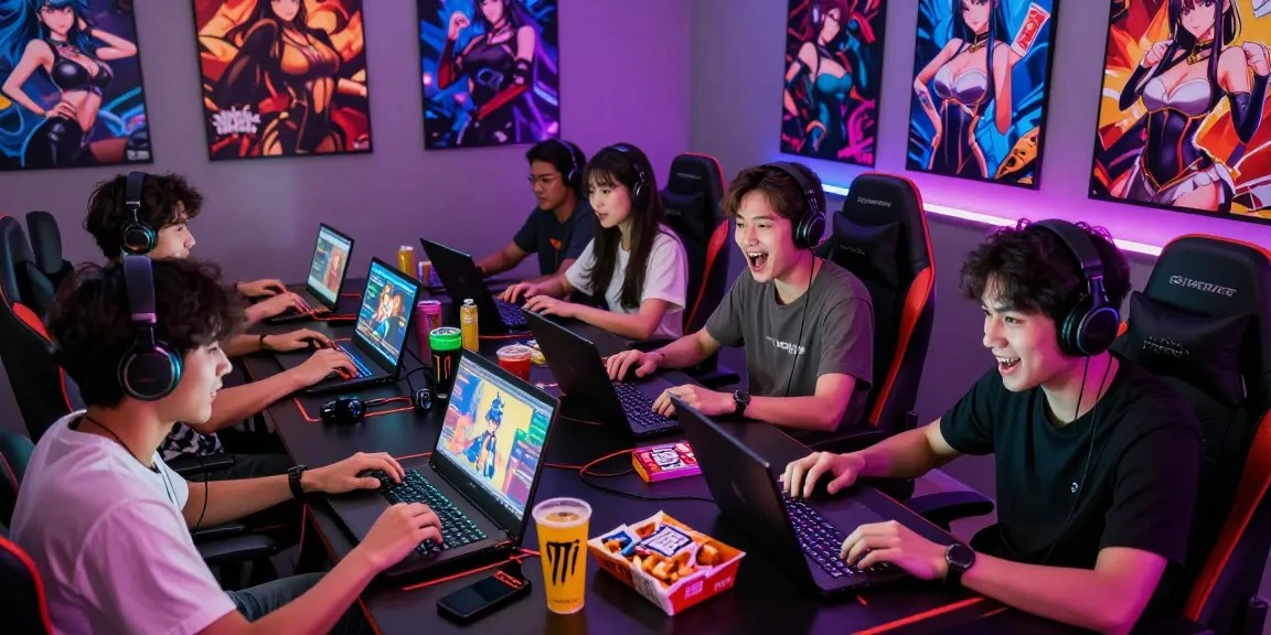 Gamers enjoying hentai games on laptops and mobile devices in an immersive gaming setup.