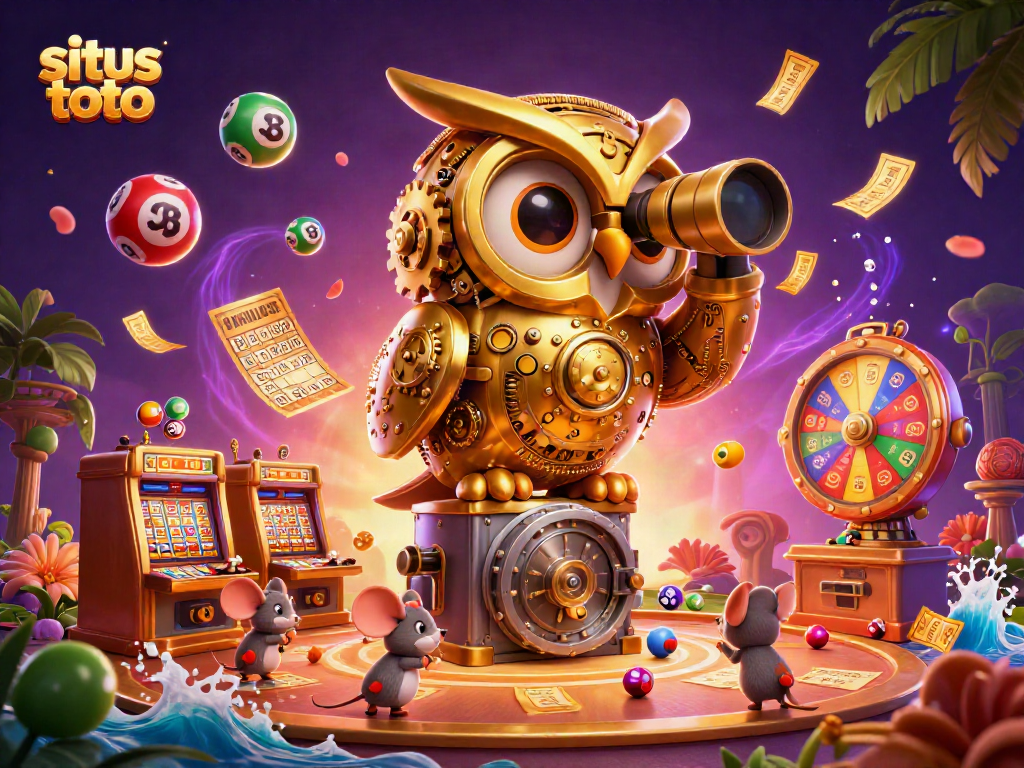 Engage with situs toto as colorful lottery balls bounce around an animated casino scene.