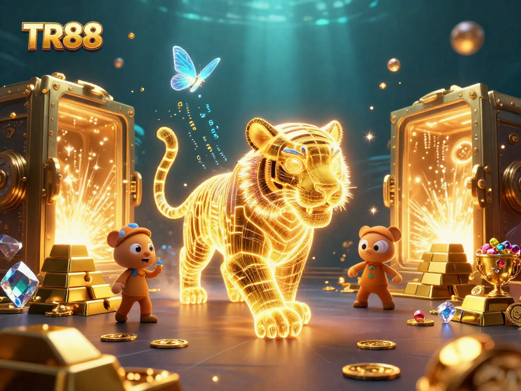 Experience the thrill of TR88 with a golden tiger in a dynamic digital casino landscape.