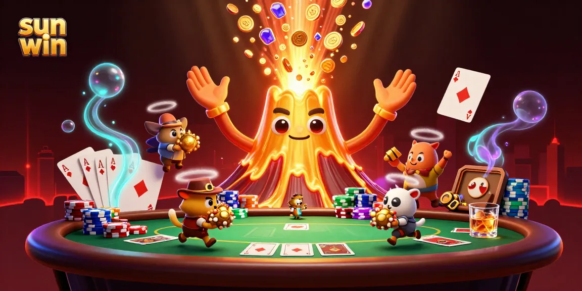 Experience the excitement at Sun Win as the golden volcano erupts treasures while players engage in thrilling poker action.