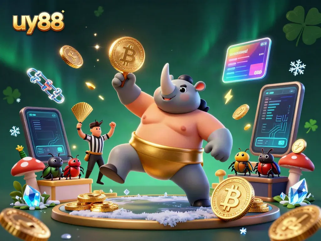 Watch as the sumo champion rhinoceros beetle of uy88 triumphantly stomps, sending flying coins amidst dynamic gambling elements.