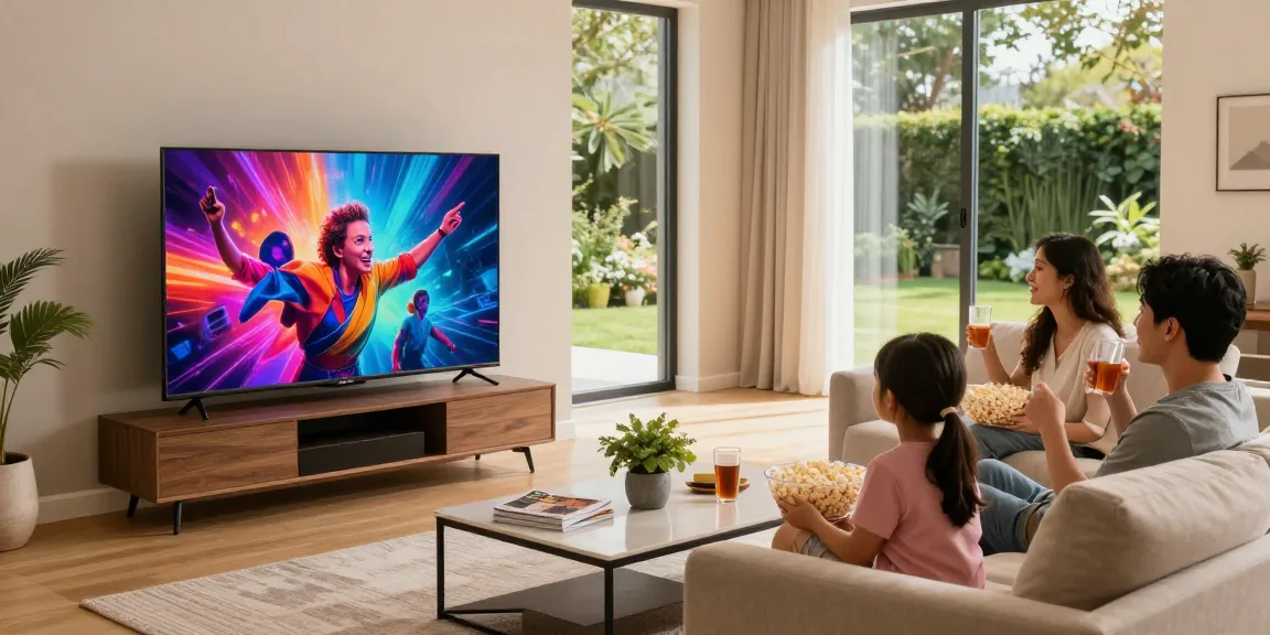 family enjoying movie night with mini LED TV in a stylish living room
