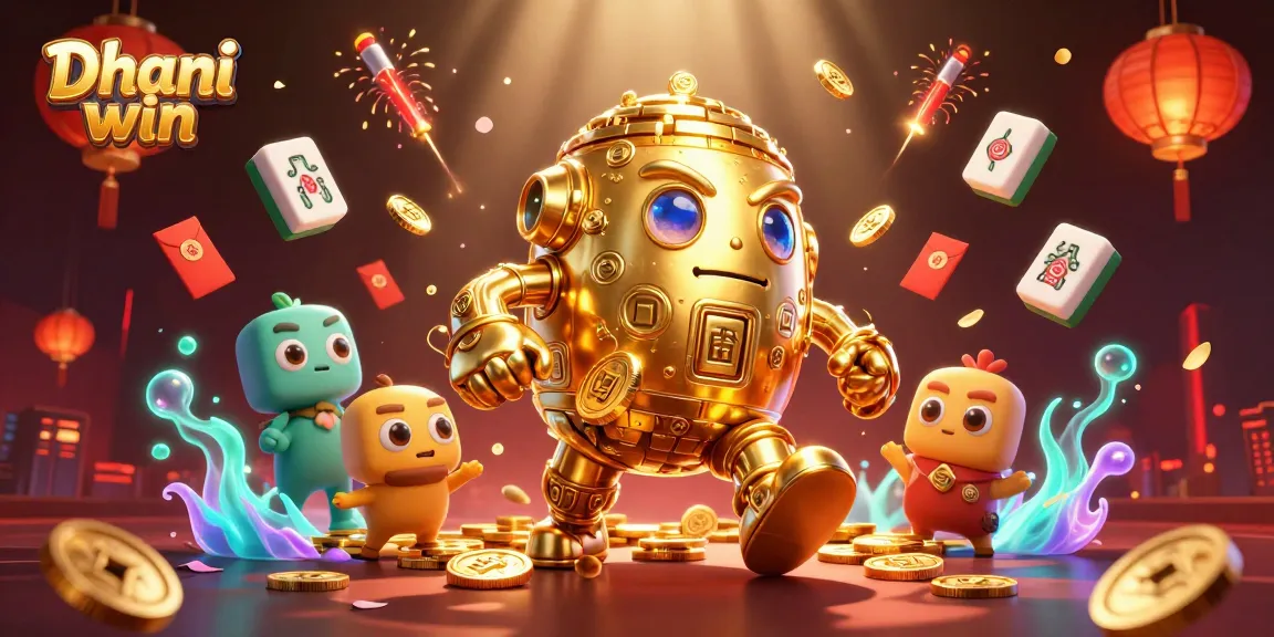 Dhani win showcases a vibrant 3D cartoon illustration featuring a golden golem amidst dynamic game elements.