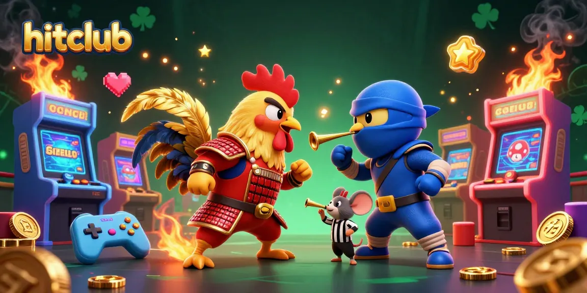 Engage in thrilling action at hitclub with dynamic fighting roosters amidst colorful arcade elements.