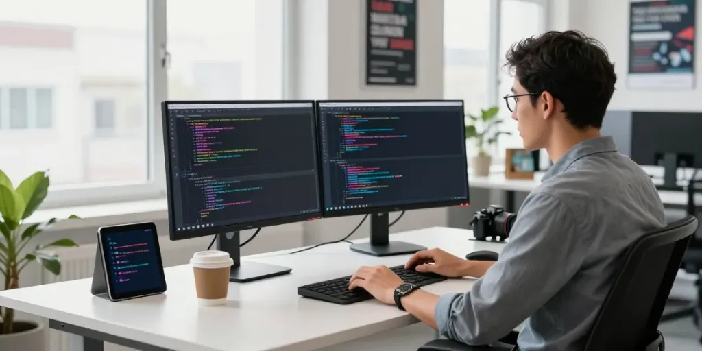 Developer using instant indexing tools on dual monitors in a modern workspace.