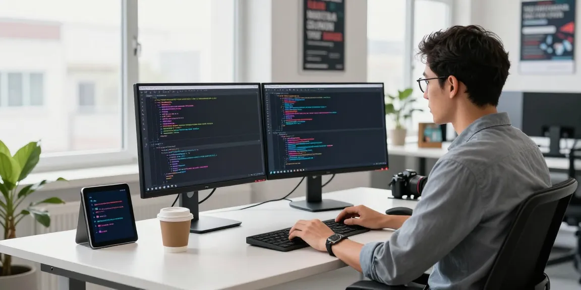 Developer using instant indexing tools on dual monitors in a modern workspace.