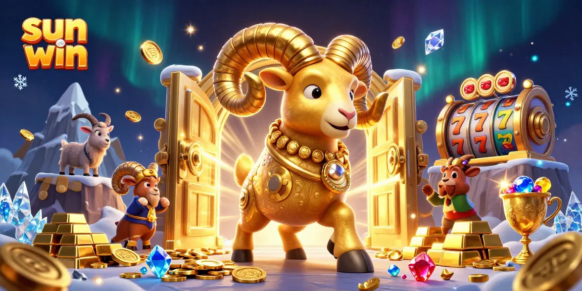 A golden ram charges through a vibrant casino scene, showcasing "sun win" amidst colorful slot machines and sparkling jewels.