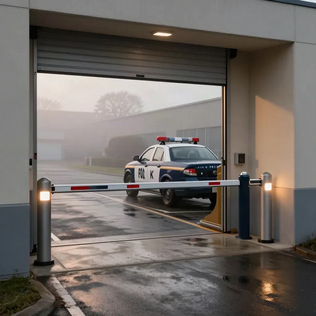 Sealed industrial gate at dusk with barrier arm, roller door, bollards, mist and patrol vehicle