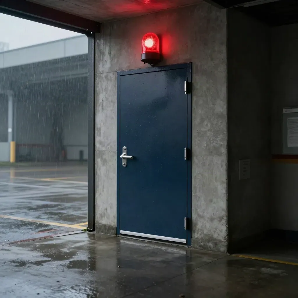 Glowing alarm beacon above a navy side door in a wet loading bay after a callout.