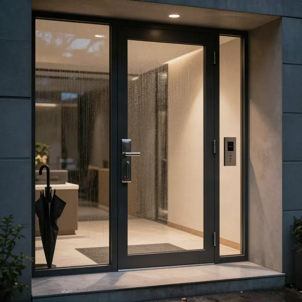 Rain-speckled apartment entrance with locked glass doors, key safe and warm lobby light at night.