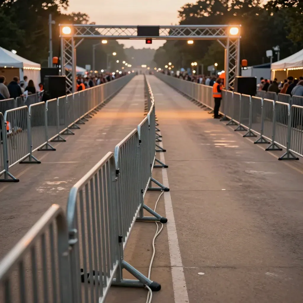 Empty festival queue lane with barrier rails, gate arch and amber lights at dusk.