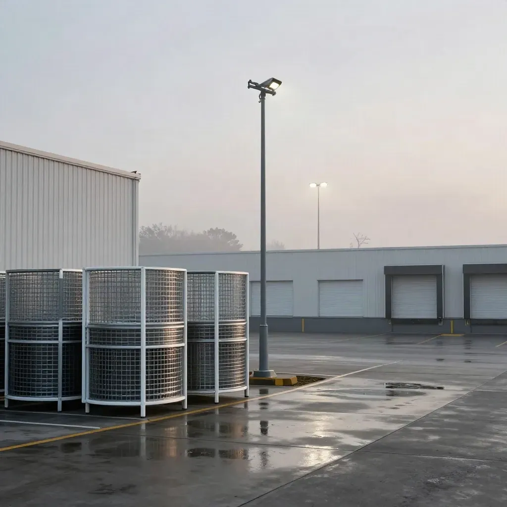 Empty retail yard with roll-cages, CCTV mast, closed shutters, misty floodlit loading dock.