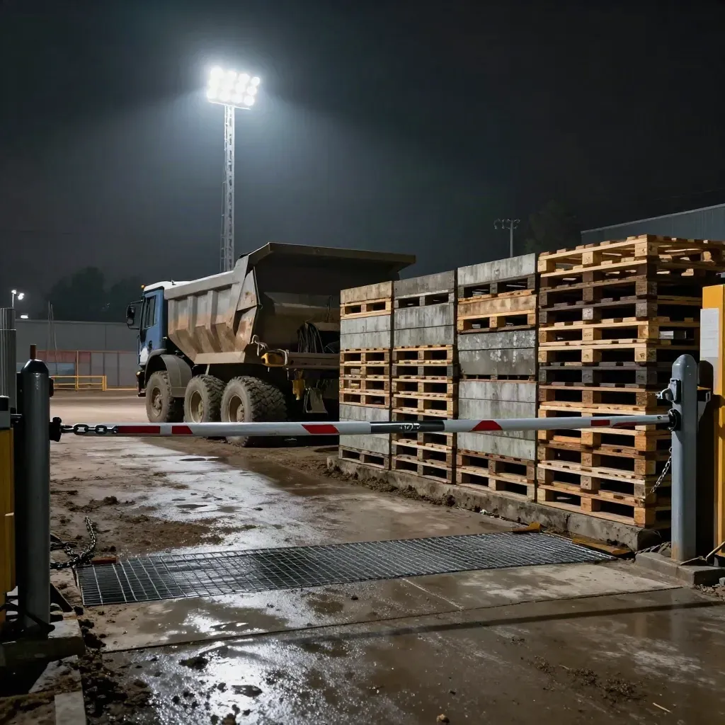 Sealed construction gate with chained barrier, dumper, pallet blocks and floodlight tower at night