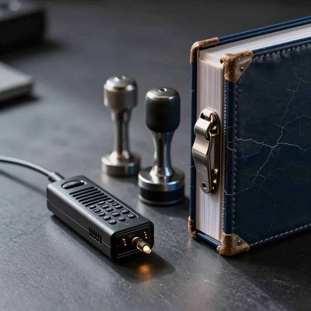 Macro of a site binder, metal stamp and radio charger on a dark operations desk.