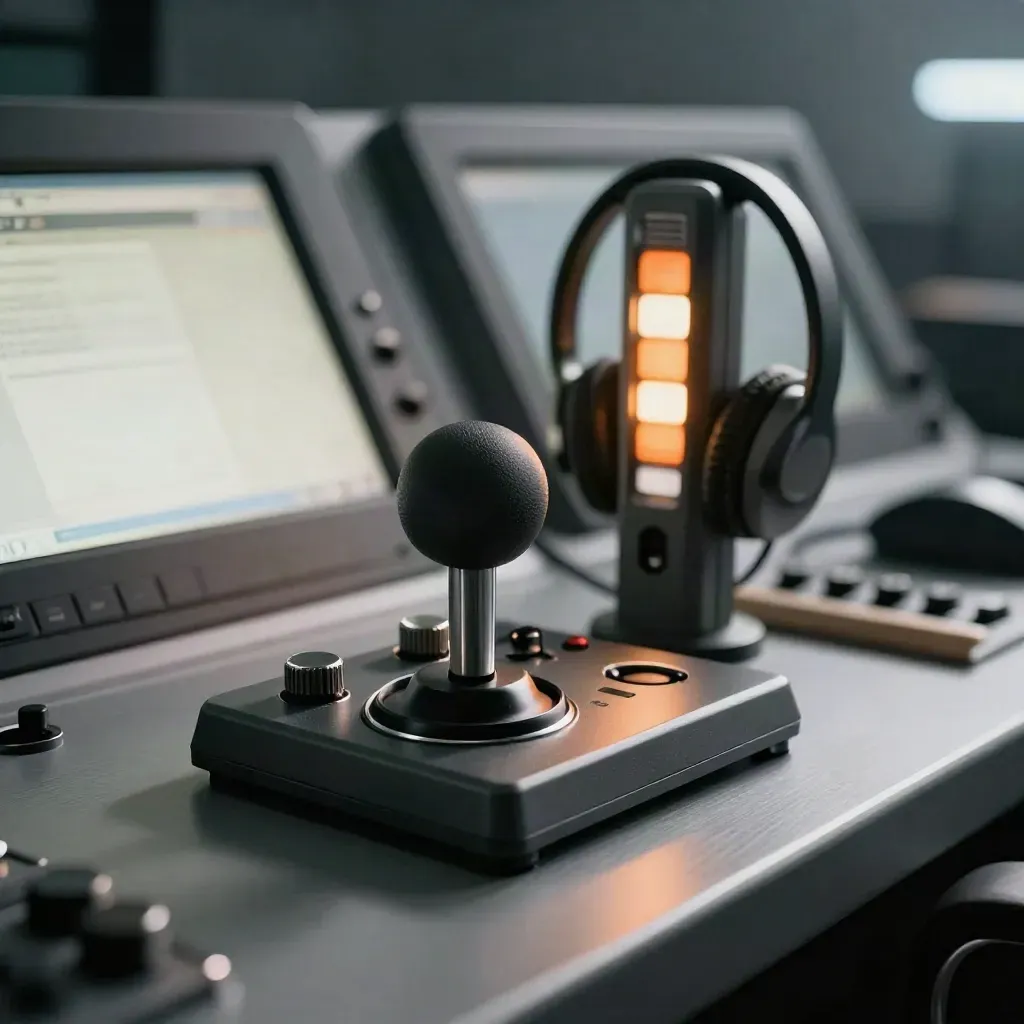PTZ joystick controller and headset stand on a control console with orange status lights