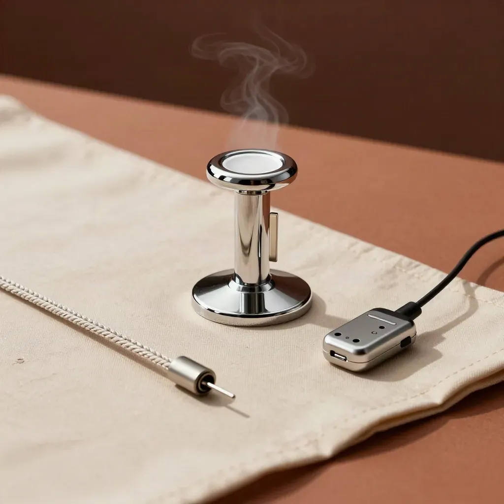 Chrome stanchion kit and event radio gear on cream cloth, lit with warm stage haze.