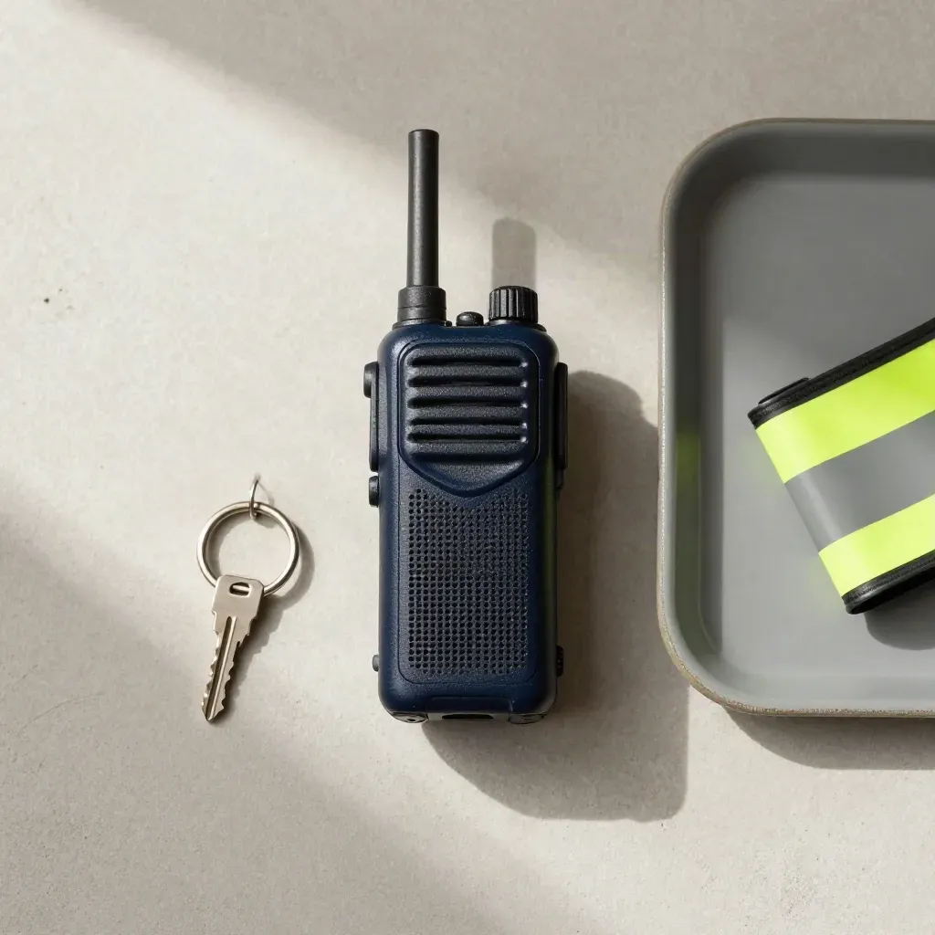 Overhead flatlay of a security radio, key ring, route token and clip on concrete.
