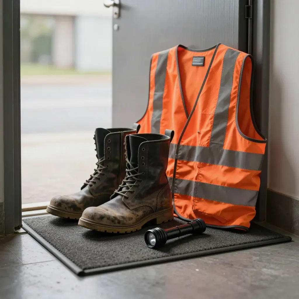 Steel-capped boots, hi-vis vest and torch at a secure doorway on a threshold mat.