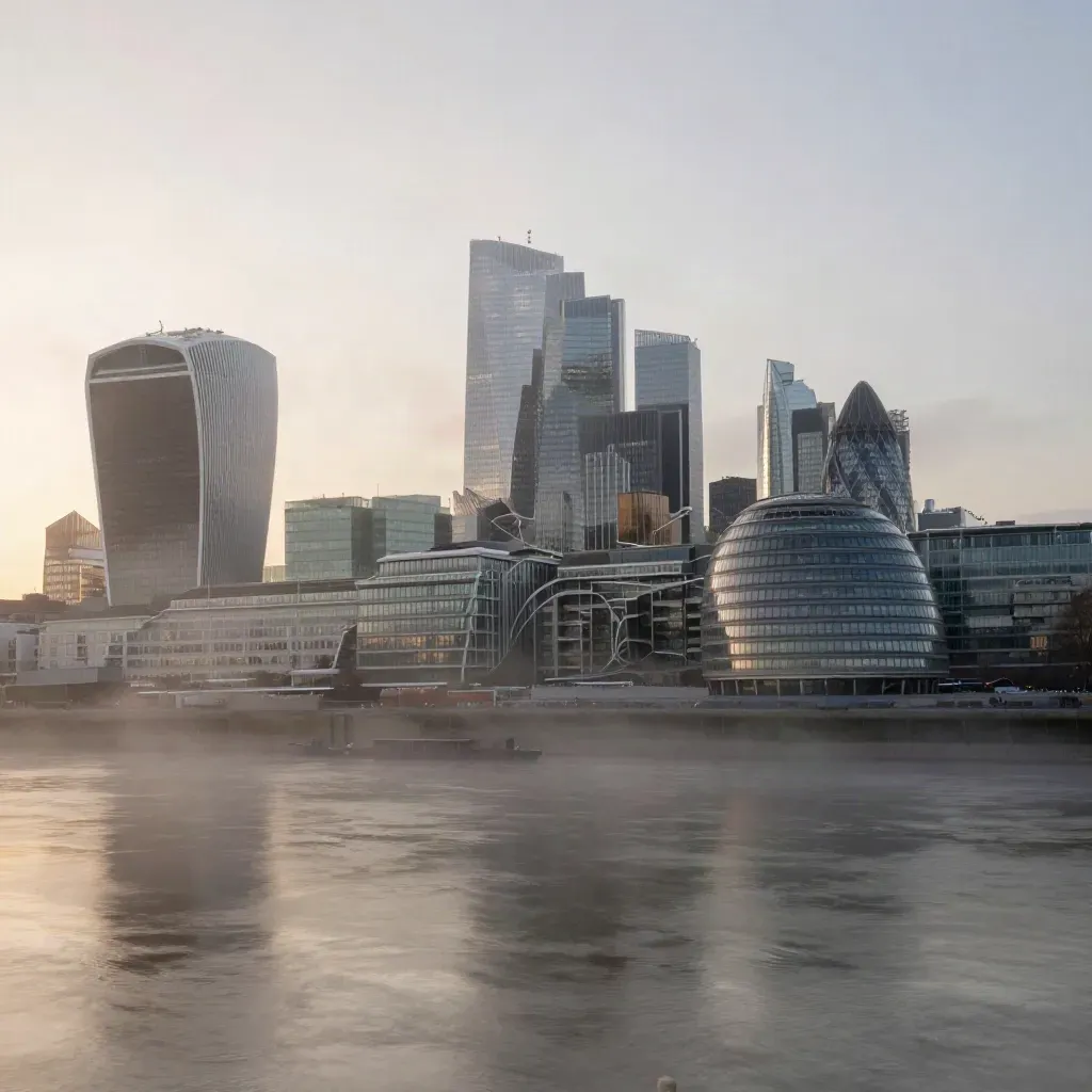 City of London skyline and the Shard rising through dawn mist above the Thames.