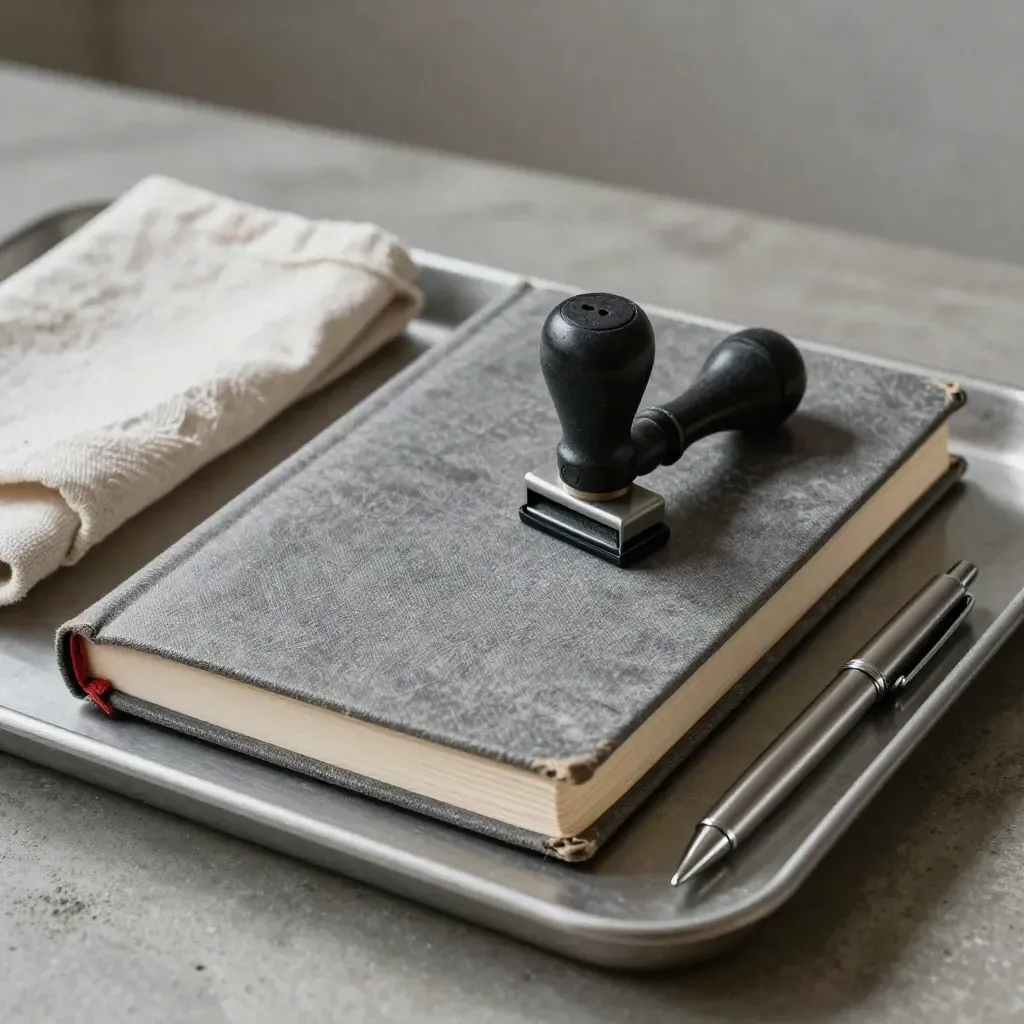 Closed incident log book, stamp, radio cradle and pen on a steel tray in soft daylight.