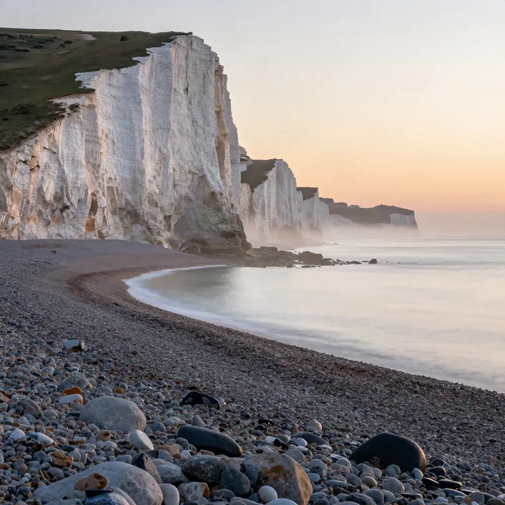 Brighton chalk cliffs over a misty shingle shore at dawn