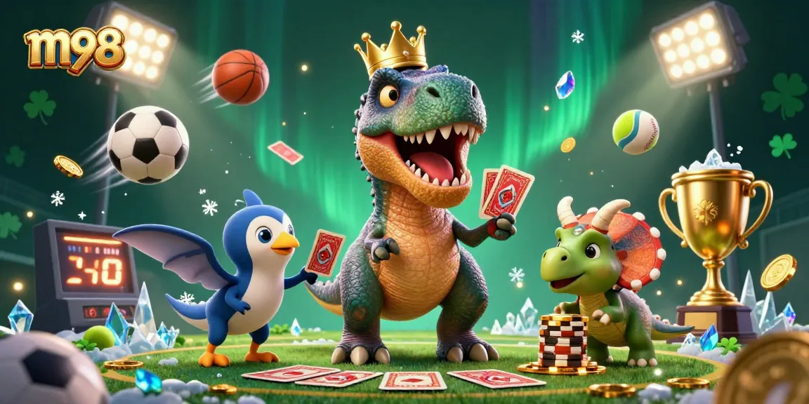 Experience thrilling sports betting with m98 in this vibrant 3D illustration of a dinosaur casino scene.