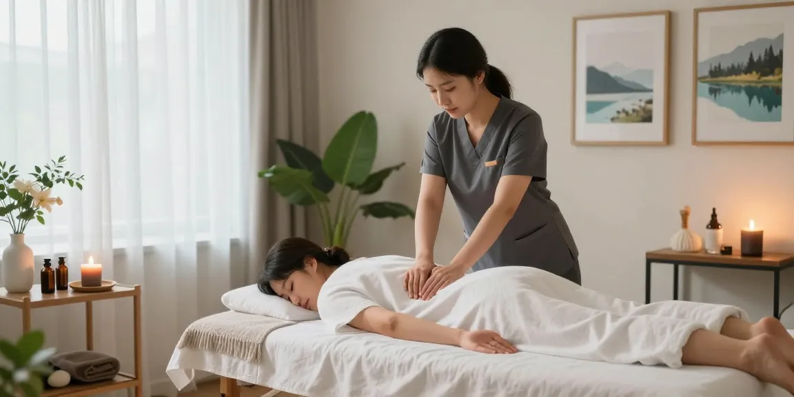 Calming massage session at home, emphasizing 부천출장안마 services in a serene environment.