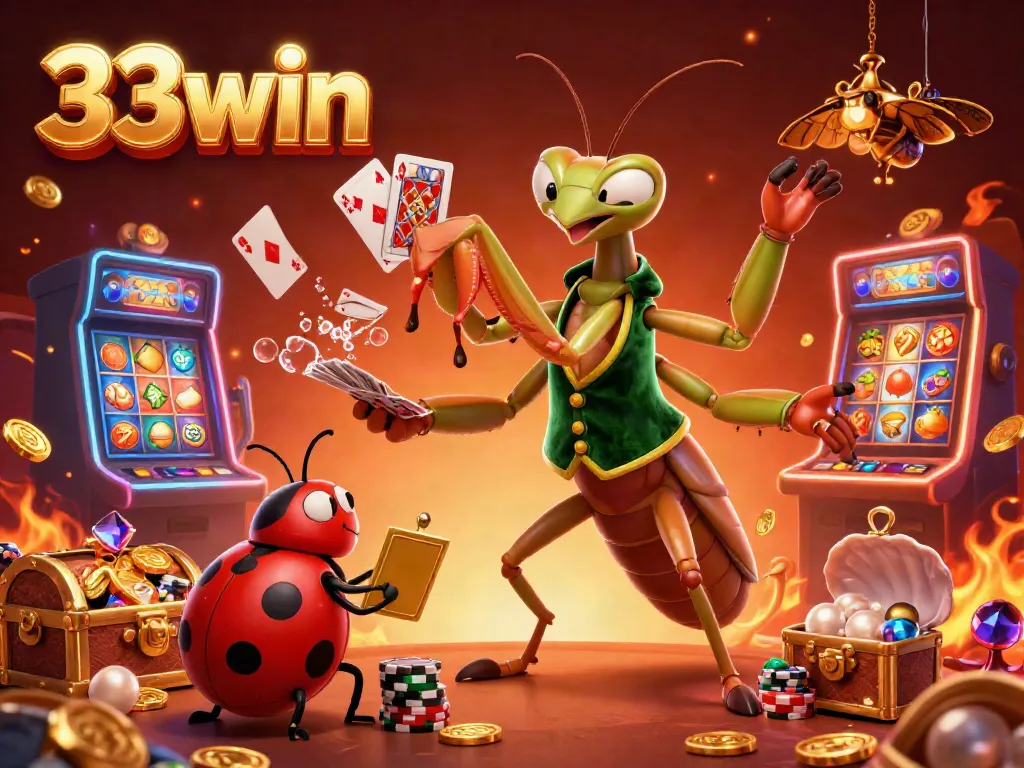 Experience the excitement of 33win with a vibrant 3D illustration showcasing dynamic casino elements and characters.