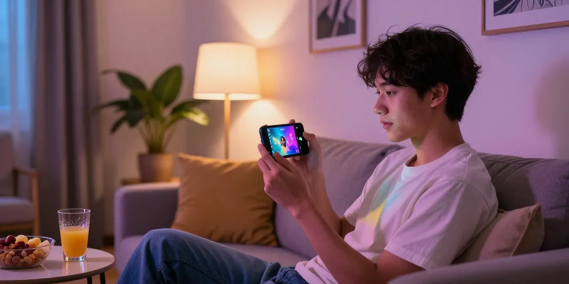 Enjoying a mobile porn game experience in a cozy home setting.