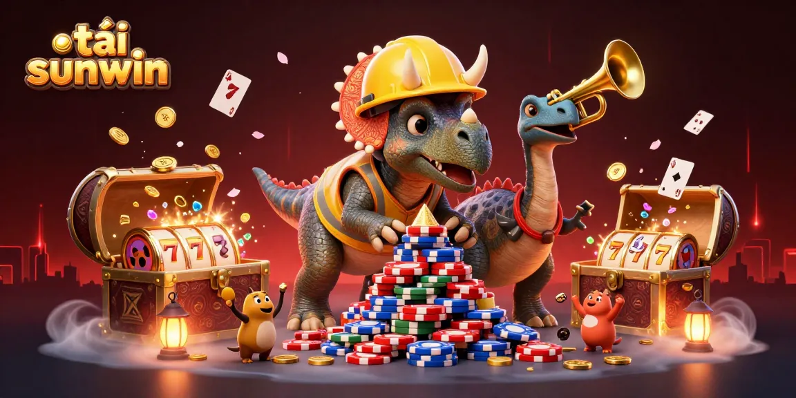 Experience the excitement of tải sunwin with a triceratops stacking poker chips amid casino-themed elements.