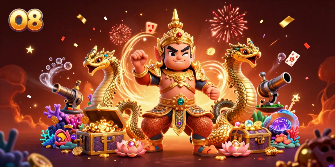 Engage with O8's vibrant casino adventure, showcasing a guardian and Naga amidst treasure and playful gaming elements.