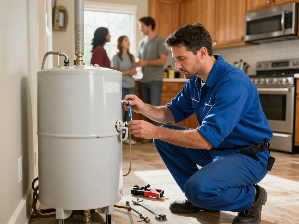 Expert water heater replacement Fort Worth service showcasing a plumber diagnosing installations in a cozy home.
