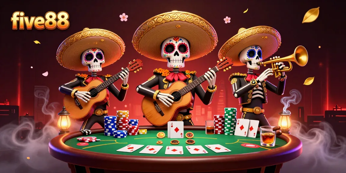 Engage with five88 at a lively casino scene featuring mariachi skeletons amidst poker action.
