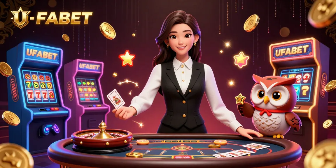 Experience the excitement of UFABET with a lively dealer scene featuring baccarat and arcade games.